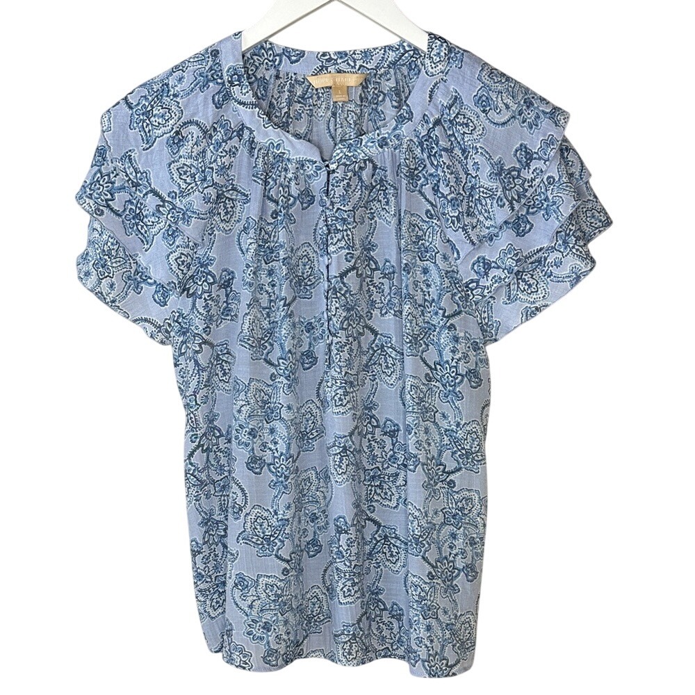 Hope & Harlow Blue on Blue Floral Ruffle Sleeve Button Front Blouse Size‎ Large